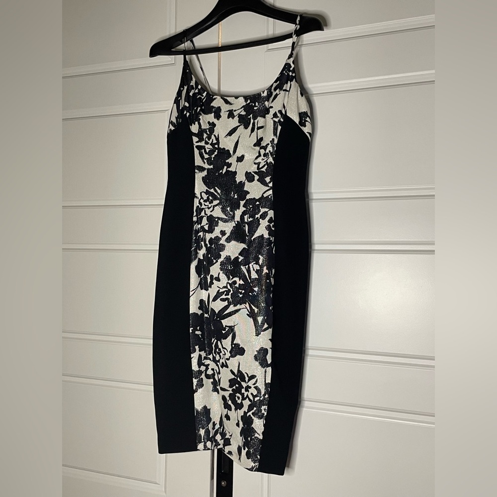 Theia black and white floral cocktail midi